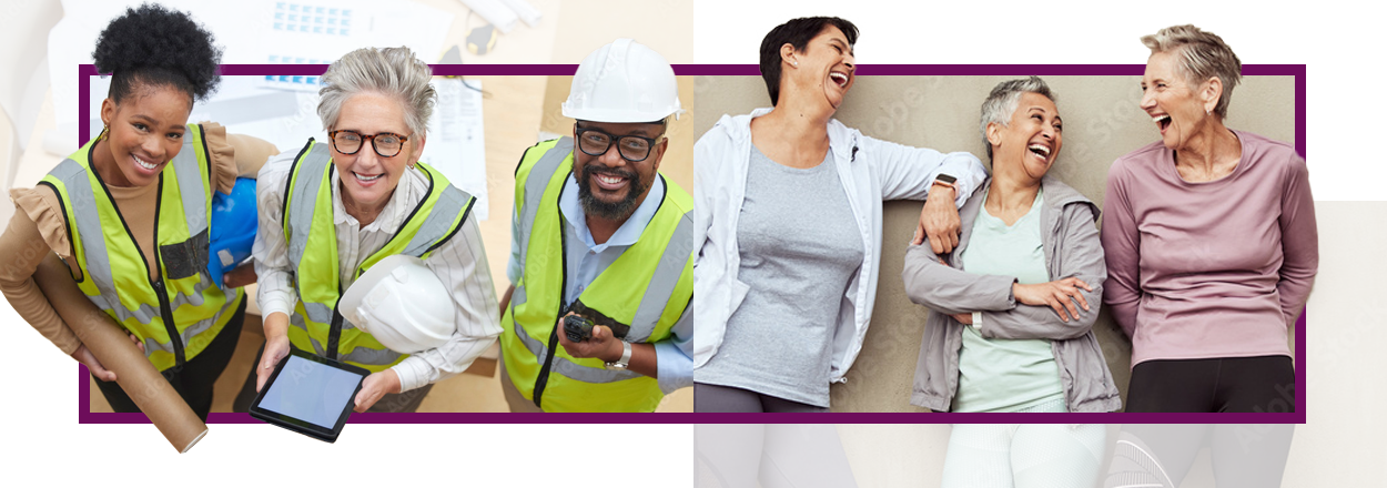 Rechts sieht man einen älteren Mann mit seiner Enkeling beim Backen, während er auf der linken Seite fröhlich bei seinem Job als Koch zu sehen ist.