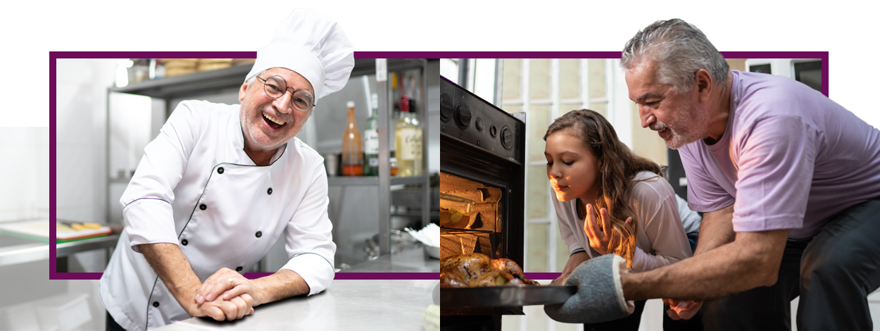 Rechts sieht man einen älteren Mann mit seiner Enkeling beim Backen, während er auf der linken Seite fröhlich bei seinem Job als Koch zu sehen ist.