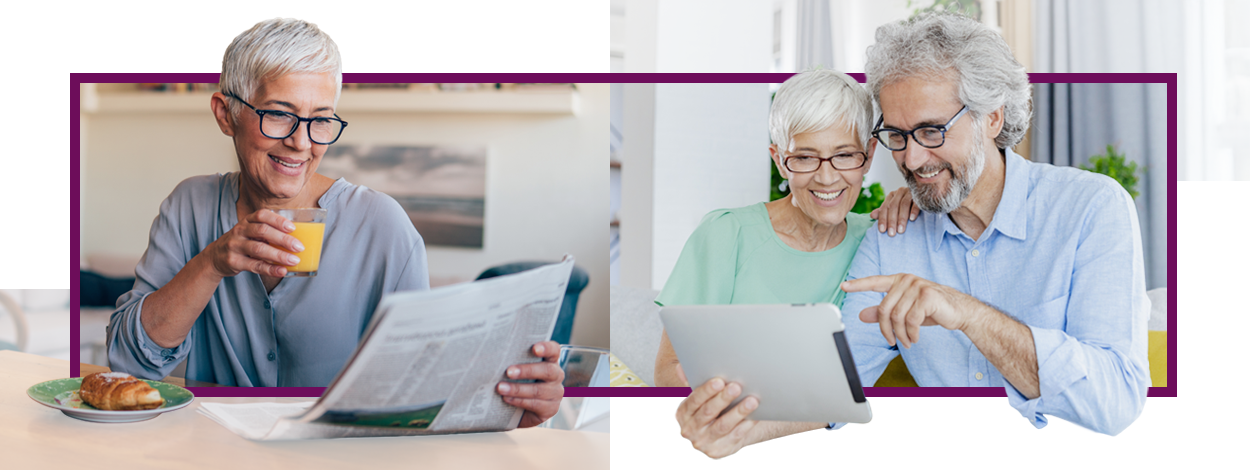 Links eine &auml;ltere Frau mit Laptop im B&uuml;ro, rechts zwei fr&ouml;hliche Frauen beim Selfie im Sommerlook.