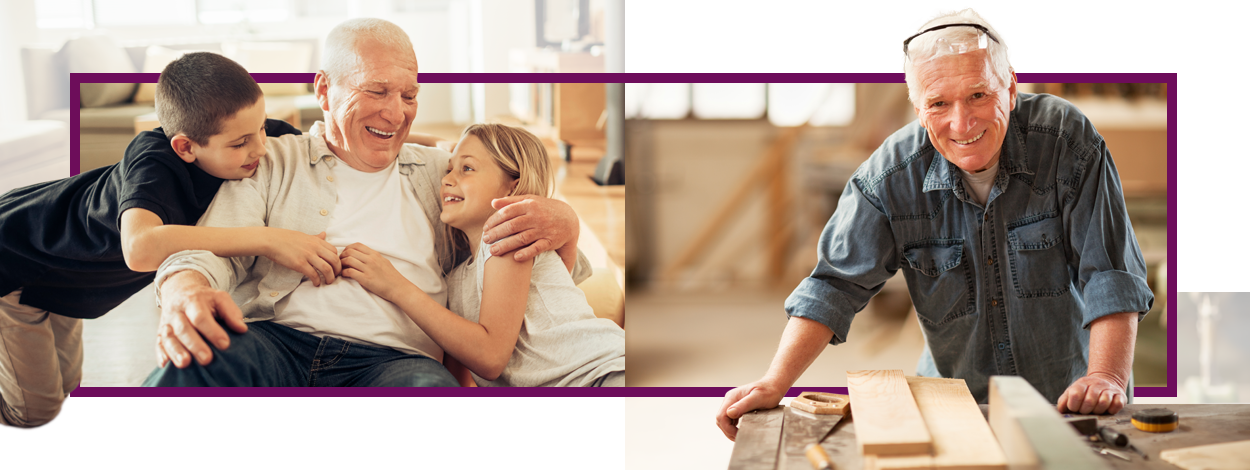 Links ist ein älterer Mann zu sehen wie er mit seinen Enkelkindern auf dem Sofa sitzt und lacht. Rechts ist er zu sehen bei der Arbeit in einer Schreinerei wie er gerade Holz bearbeitet.