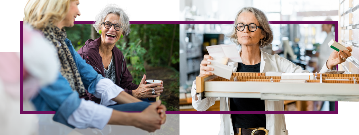 Links sind zwei ältere Damen lächelnd auf einer Parkbank sitzend zu sehen mit einem Kaffee in der Hand. Rechts ist eine der beiden abgebildet wie sie in einer Apotheke arbeitet und gerade ein Rezept liest.